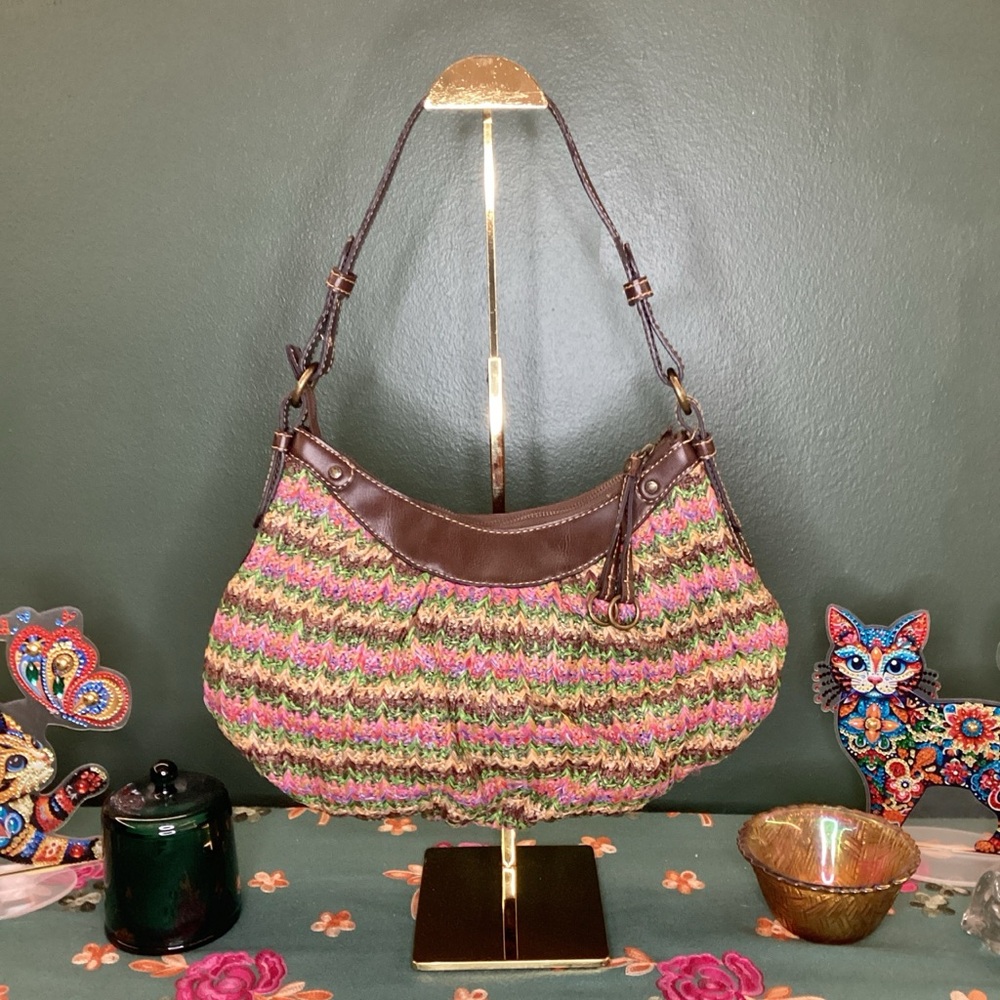 Fossil Multicolor‎ Straw Shoulder Bag with Brown Trim